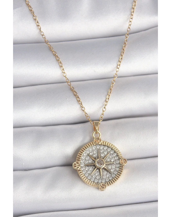 ® 316L Çelik Gold Renk Zirkon Taşlı Pusula Model Kadın Kolye