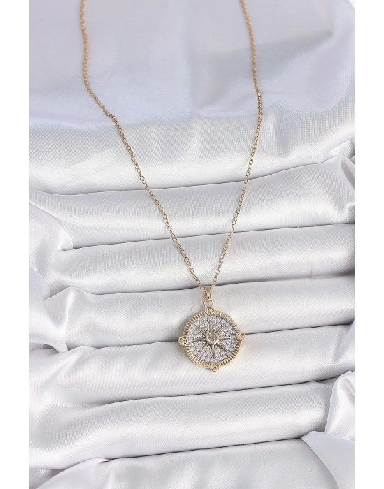 ® 316L Çelik Gold Renk Zirkon Taşlı Pusula Model Kadın Kolye