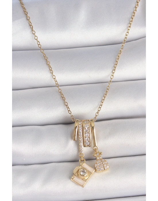 ® 316L Çelik Gold Renk Zirkon Taşlı Sallantı Fotoğraf Makinası Figür Charm Kadın Kolye