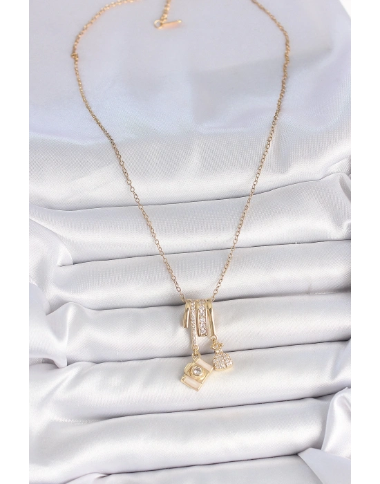 ® 316L Çelik Gold Renk Zirkon Taşlı Sallantı Fotoğraf Makinası Figür Charm Kadın Kolye