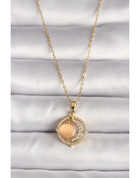 ® 316L Çelik Gold Renk Zirkon Taşlı Turuncu Sedefli Hilal Model Kadın Kolye