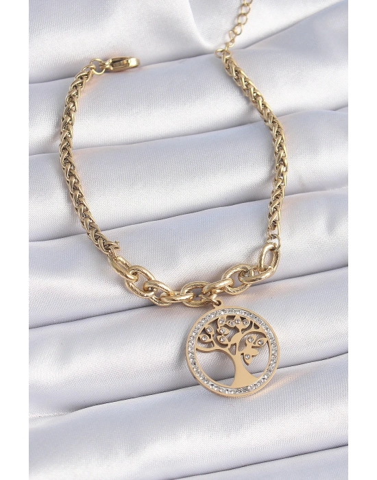 ® 316L Çelik Gold Renk Zirkon Taşlı Yaşam Ağacı Figür Kadın Bileklik