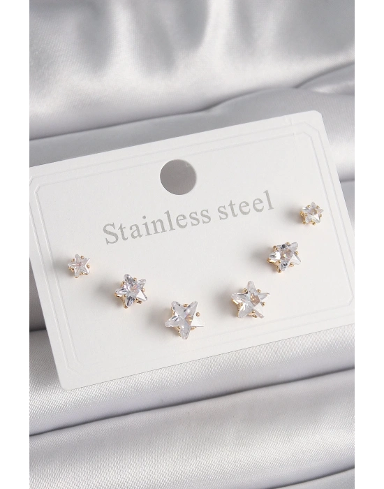 ® 316L Çelik Gold Renk Zirkon Taşlı Yıldız Model Kadın Küpe Seti