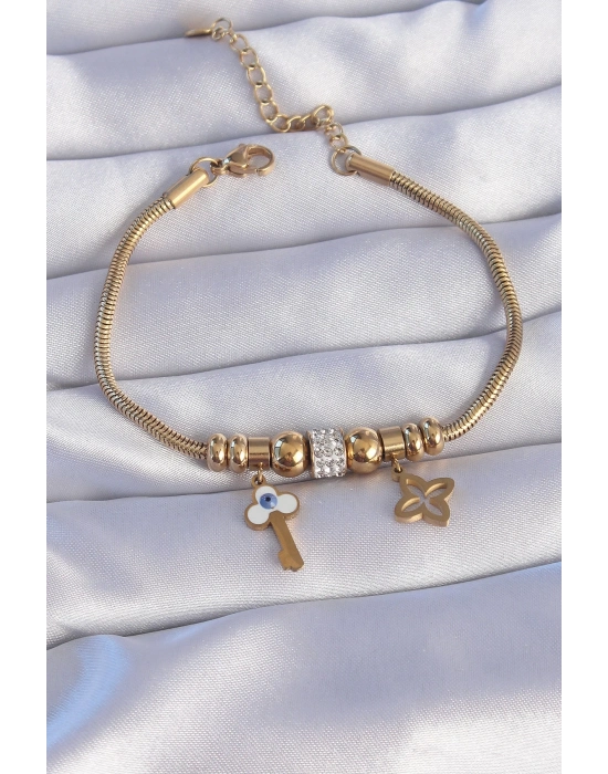 ® 316L Çelik Gold Renk Zirkon Taşlı Yonca Detay Nazarlı Anahtar Tasarımlı Bileklik