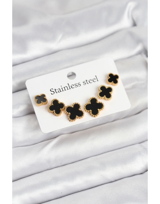 ® 316L Çelik Gold Siyah Renk 3 Boy Yonca Küpe Seti
