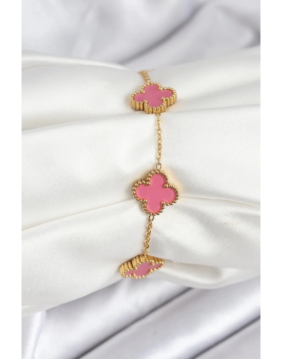 ® 316L Çelik Gold Zincir Pembe Yonca Renk Bileklik