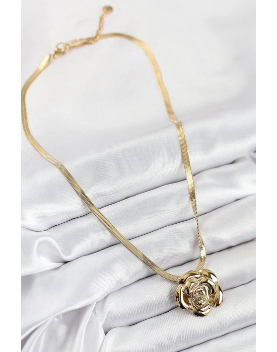 ® 316L Çelik Gül Figürlü İtalyan Zincir Model Gold Renk Kadın Kolye