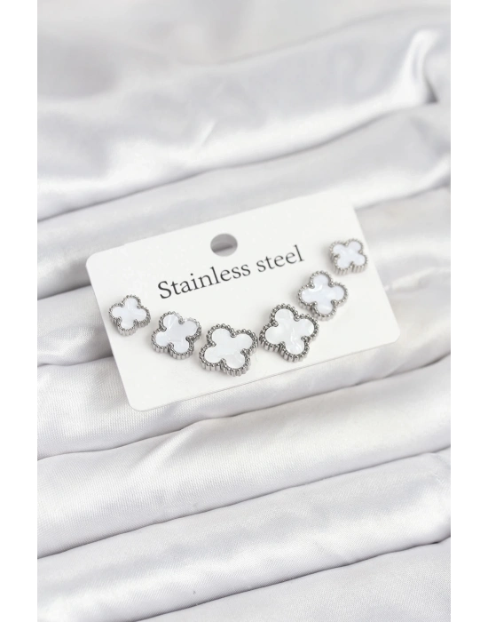 ® 316L Çelik Gümüş Beyaz Renk 3 Boy Yonca Küpe Seti