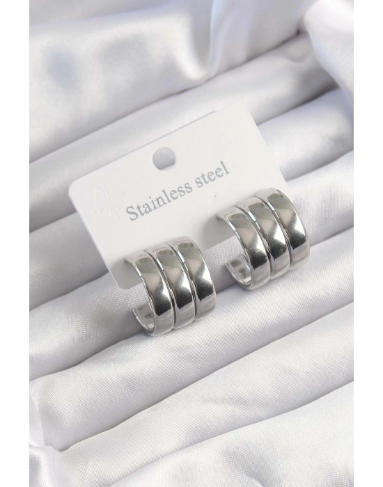 ® 316L Çelik Gümüş Renk 3lü Görünüm Bombe Model Yarım Halka Küpe