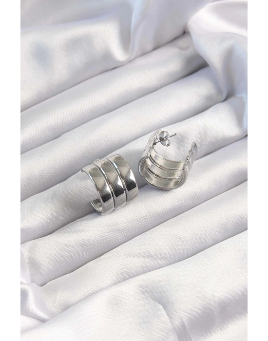 ® 316L Çelik Gümüş Renk 3lü Görünüm Bombe Model Yarım Halka Küpe