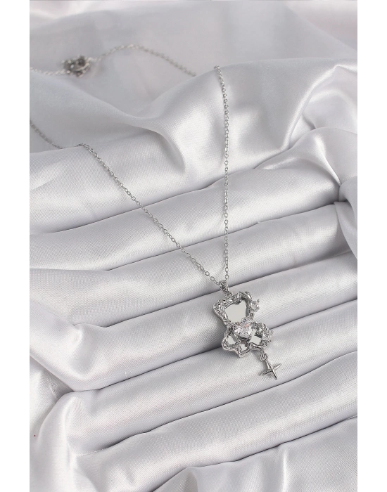 ® 316L Çelik Gümüş Renk Ayna Ayıcık Model Zirkon Taşlı Kalp Detay Kadın Kolye