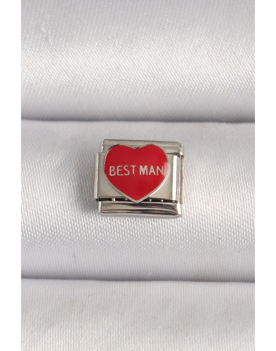 ® 316L Çelik Gümüş Renk Best Man Yazılı Kırmızı Kalp İşlemeli Nomination Charm