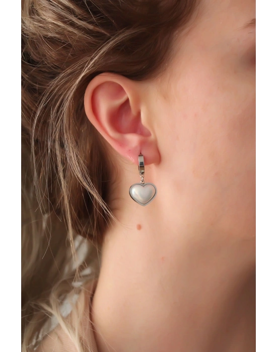 ® 316L Çelik Gümüş Renk Beyaz Bombeli Kalp Küpe