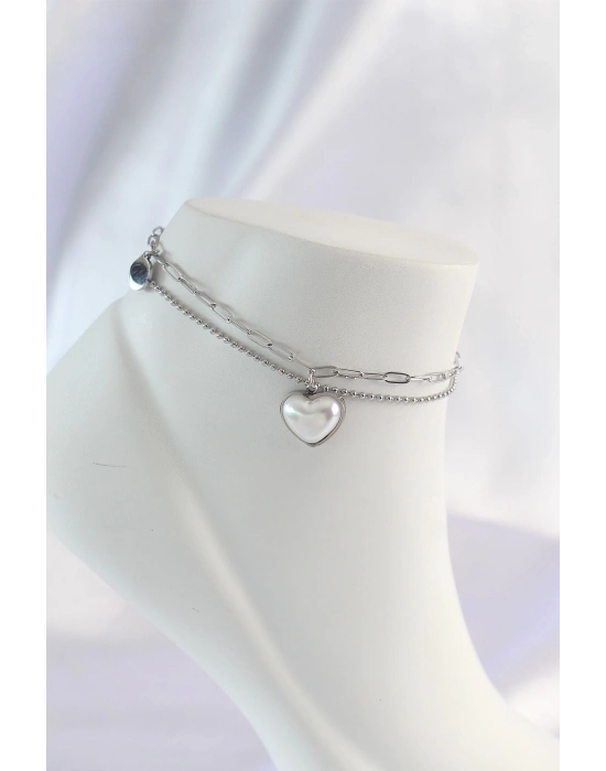 ® 316L Çelik Gümüş Renk Beyaz Kalpli 2li Halhal