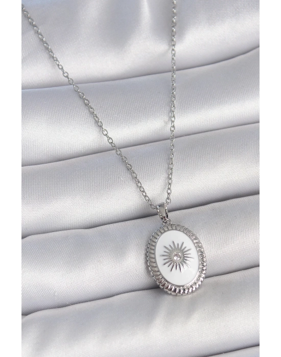 ® 316L Çelik Gümüş Renk Beyaz Mineli Güneş İşlemeli Nazar Boncuk Detay Madalyon Model Kadın Kolye