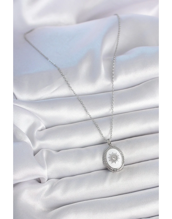 ® 316L Çelik Gümüş Renk Beyaz Mineli Güneş İşlemeli Nazar Boncuk Detay Madalyon Model Kadın Kolye