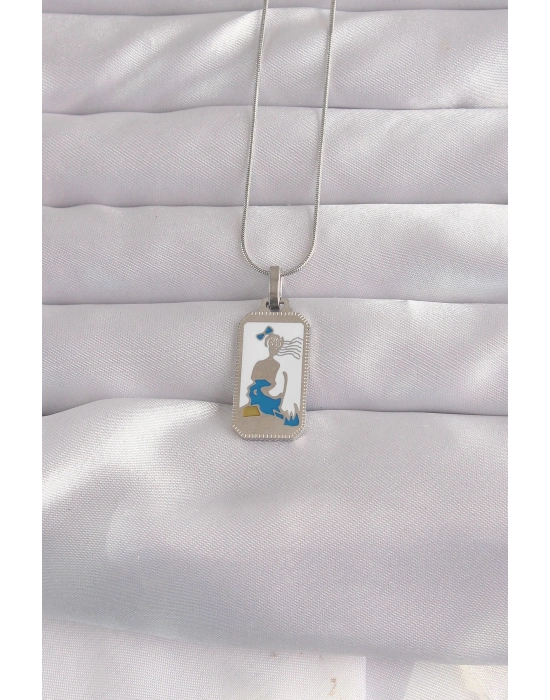 ® 316L Çelik Gümüş Renk Beyaz Mineli Kız Figür Tarot Kolye