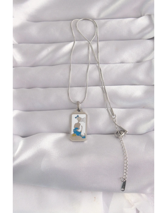 ® 316L Çelik Gümüş Renk Beyaz Mineli Kız Figür Tarot Kolye