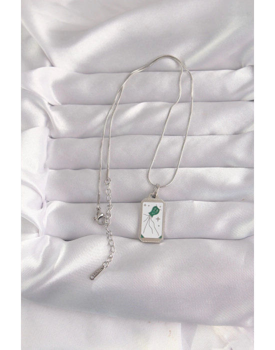 ® 316L Çelik Gümüş Renk Beyaz Mineli Tarot Kolye