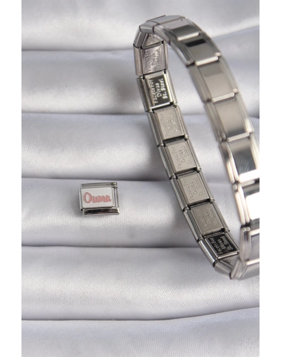 ® 316L Çelik Gümüş Renk Beyaz Pembe Ouma İşlemeli Nomination Charm