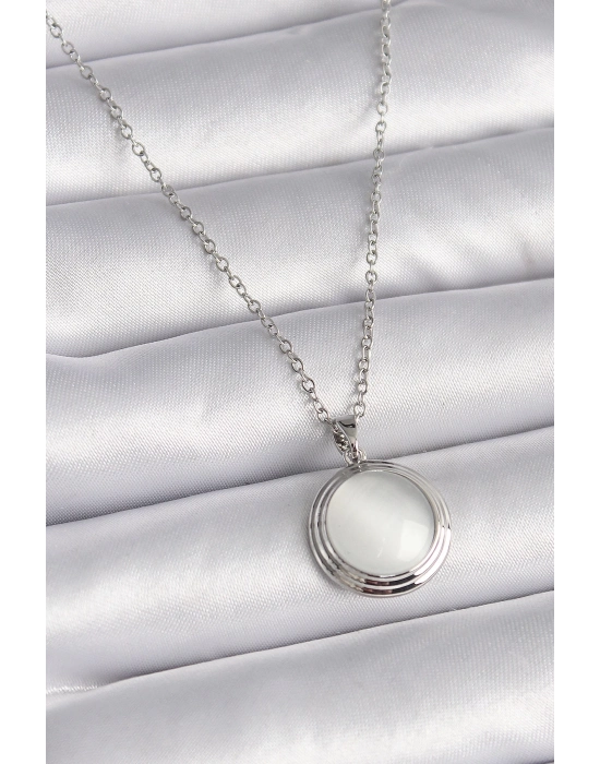 ® 316L Çelik Gümüş Renk Beyaz Sedefli Daire Model Kadın Kolye