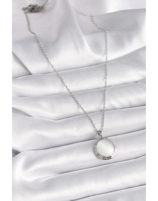® 316L Çelik Gümüş Renk Beyaz Sedefli Daire Model Kadın Kolye