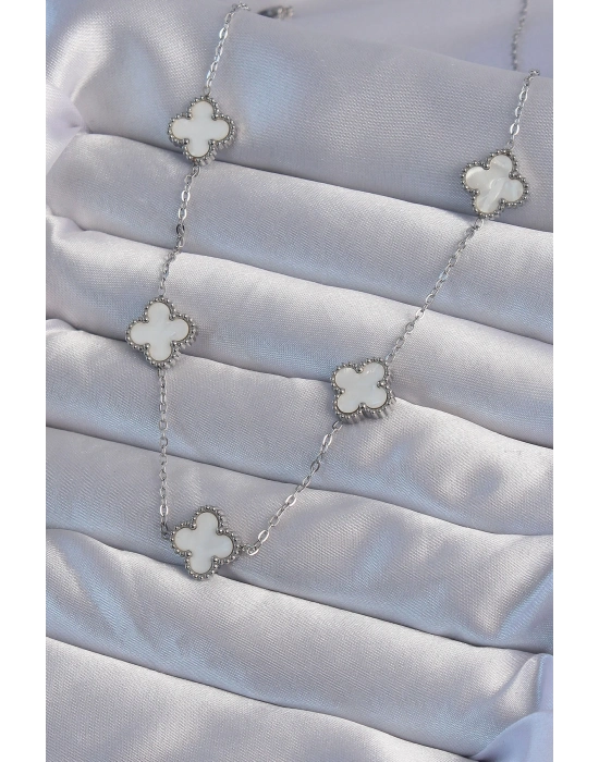 ® 316L Çelik Gümüş Renk Beyaz Sedefli Yonca Kolye