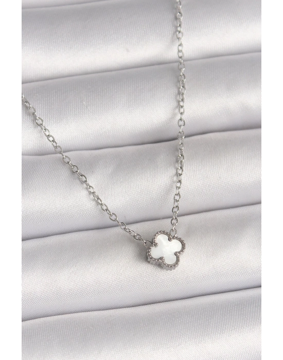 ® 316L Çelik Gümüş Renk Beyaz Yonca Model Kadın Kolye