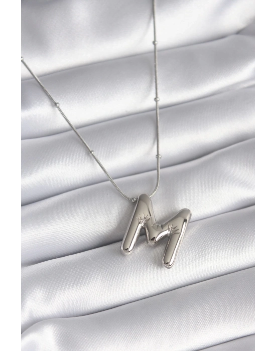 ® 316L Çelik Gümüş Renk Bubble M Harf Model Kadın Kolye