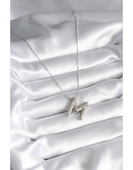 316L Çelik Gümüş Renk Bubble M Harf Model Kadın Kolye