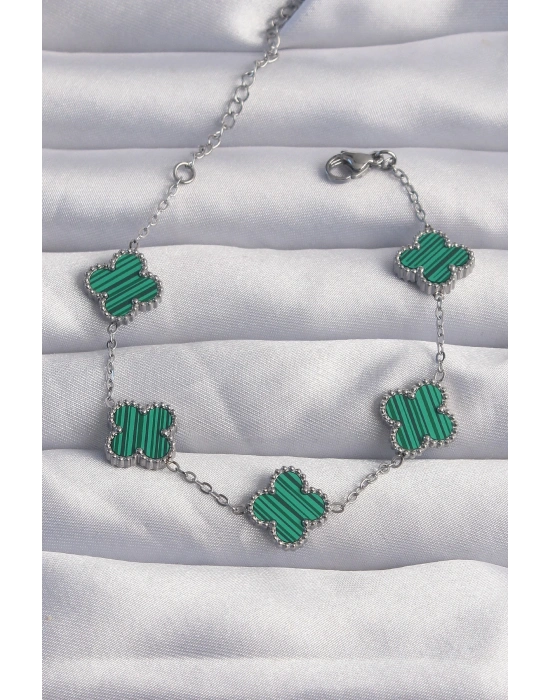 ® 316L Çelik Gümüş Renk Çizgili Yeşil Mineli Yonca Bileklik