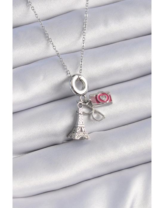 ® 316L Çelik Gümüş Renk Eyfel Kule Fotoğraf Makinesi Model Charm Kadın Kolye