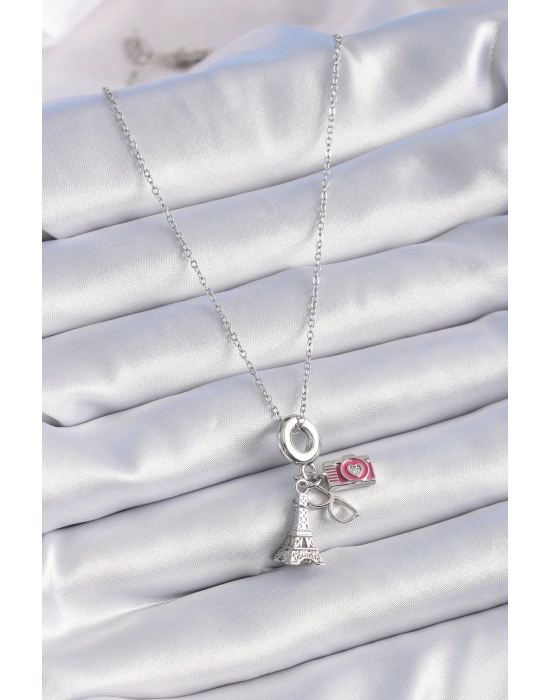 ® 316L Çelik Gümüş Renk Eyfel Kule Fotoğraf Makinesi Model Charm Kadın Kolye