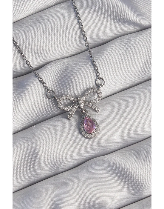 ® 316L Çelik Gümüş Renk Fiyonk Detay Pembe Zirkon Taşlı Damla Kolye