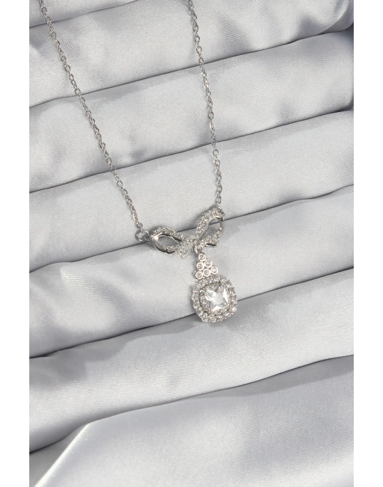 ® 316L Çelik Gümüş Renk Fiyonk Detay Zirkon Taşlı Tektaş Kolye