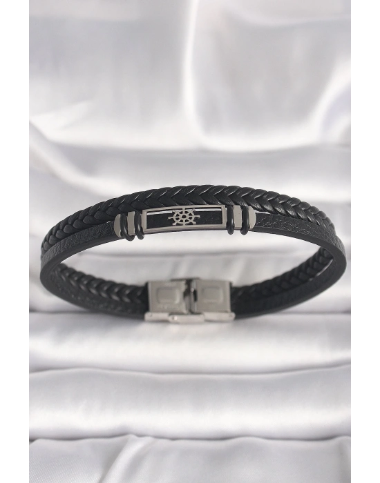 ® 316L Çelik Gümüş Renk Gemi Dümeni Figür Siyah Burgu Deri Kordon Model Erkek Bileklik