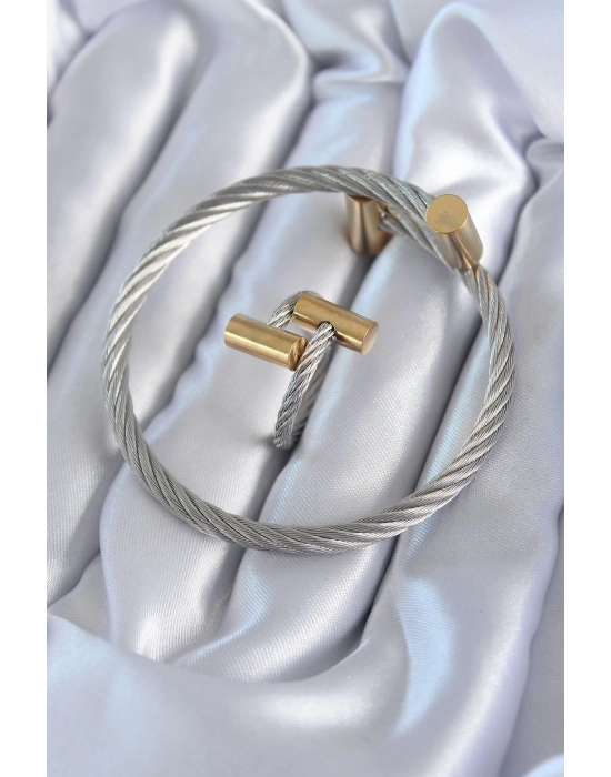 ® 316L Çelik Gümüş Renk Gold Detay Sarmal Model Erkek Bileklik Yüzük Kombini