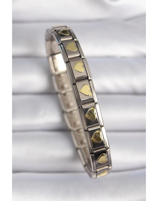® 316L Çelik Gümüş Renk Gold Kalp İşleme Nomination Charm Bileklik