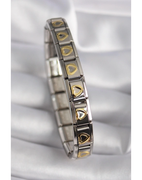 ® 316L Çelik Gümüş Renk Gold Kalp İşleme Nomination Model Kadın Bileklik