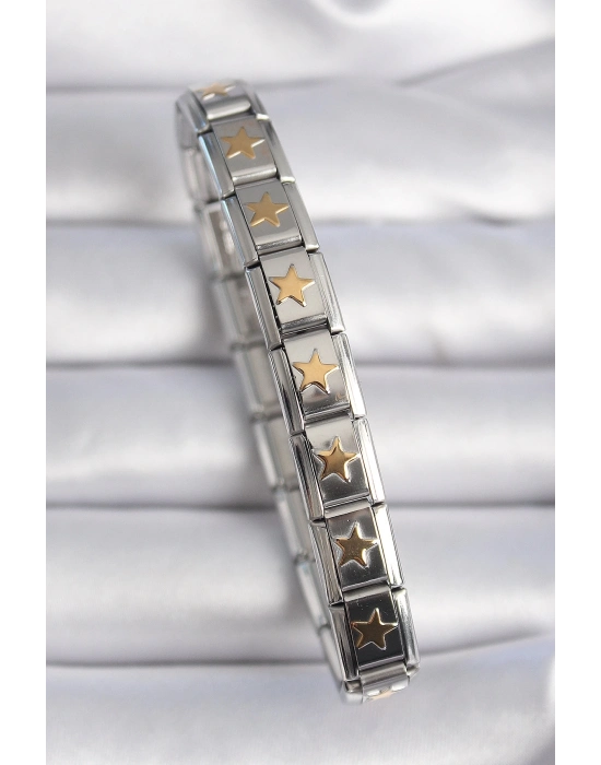 ® 316L Çelik Gümüş Renk Gold Yıldız İşleme Nomination Charm Bileklik