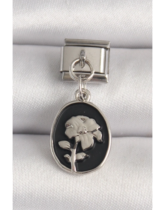 ® 316L Çelik Gümüş Renk Gümüş Çiçek İşlemeli Siyah Portre Model Nomination Charm