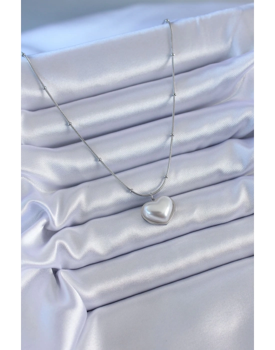 ® 316L Çelik Gümüş Renk İncili Kalp Model Minimal Top Detay Kadın Kolye