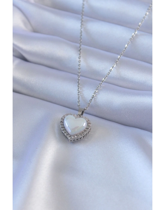 ® 316L Çelik Gümüş Renk İncili Kalp Model Zirkon Taşlı Kadın Kolye