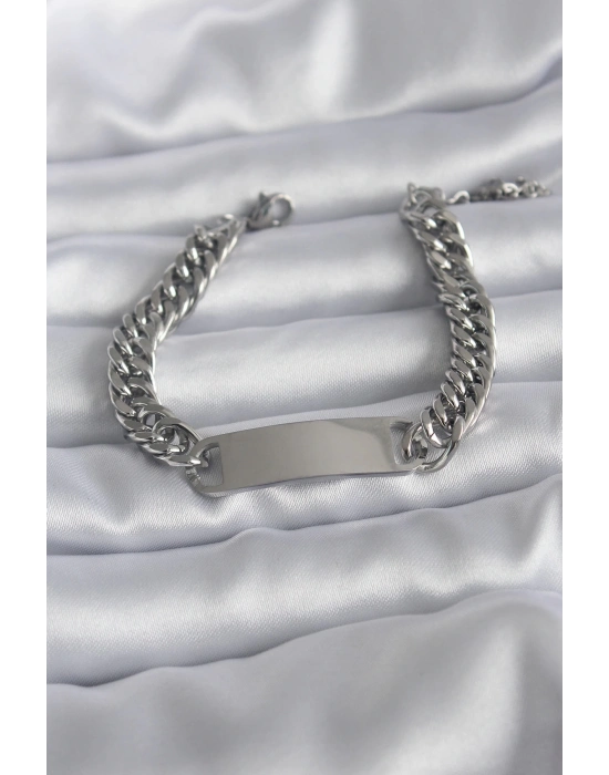 ® 316L Çelik Gümüş Renk İsim Yazılabilir Plaka Model Kadın Bileklik