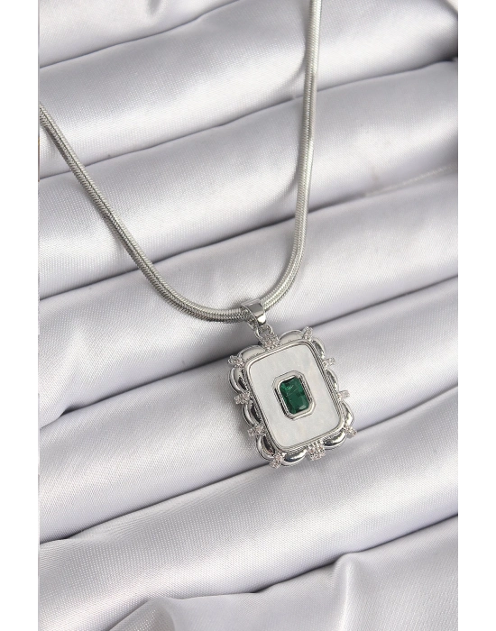 ® 316L Çelik Gümüş Renk İtalyan Zincir Beyaz Sedefli Kare Portre Model Zümrüt Taş Detay Kadın Kolye