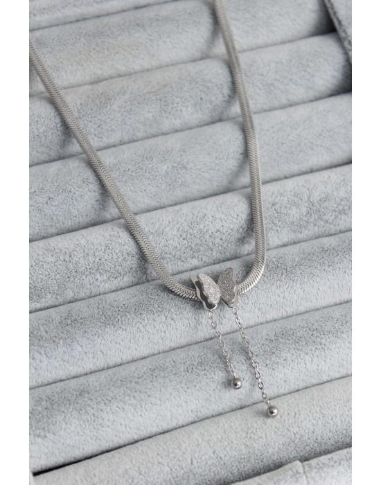 ® 316L Çelik Gümüş Renk İtalyan Zincir Model Simli Kelebek Figür Kadın Kolye