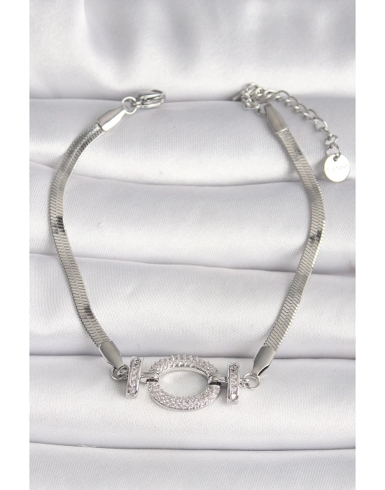 ® 316L Çelik Gümüş Renk İtalyan Zincir Model Zirkon Taşlı Halka Figür Kadın Bileklik