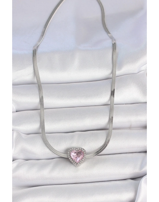 ® 316L Çelik Gümüş Renk İtalyan Zincir Pembe Zirkon Taşlı Kalp Model Kadın Kolye