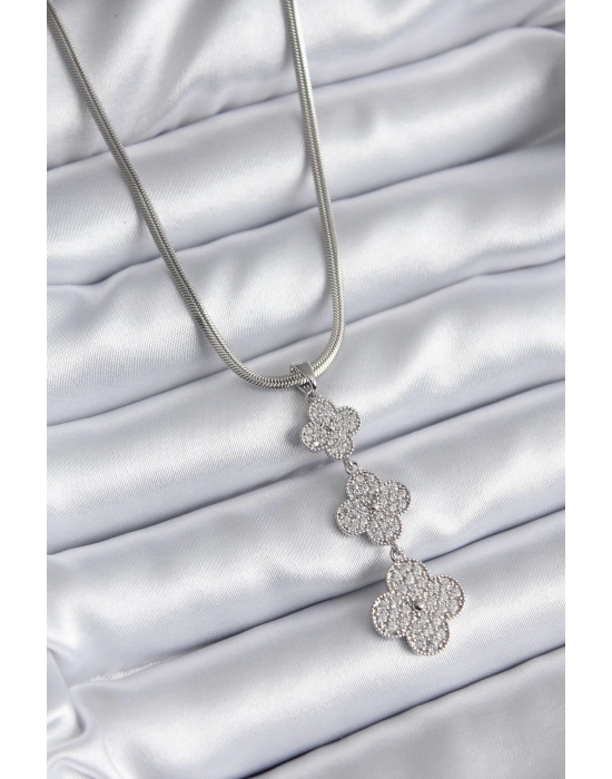 ® 316L Çelik Gümüş Renk İtalyan Zincir Zirkon Taşı Yonca Model Kadın Kolye