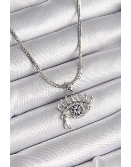 ® 316L Çelik Gümüş Renk İtalyan Zincir Zirkon Taşlı Göz Model Kadın Kolye